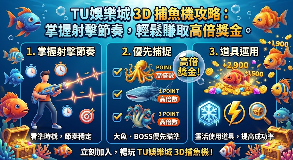 TU娛樂城 3D 捕魚機攻略：掌握射擊節奏，輕鬆賺取高倍獎金。