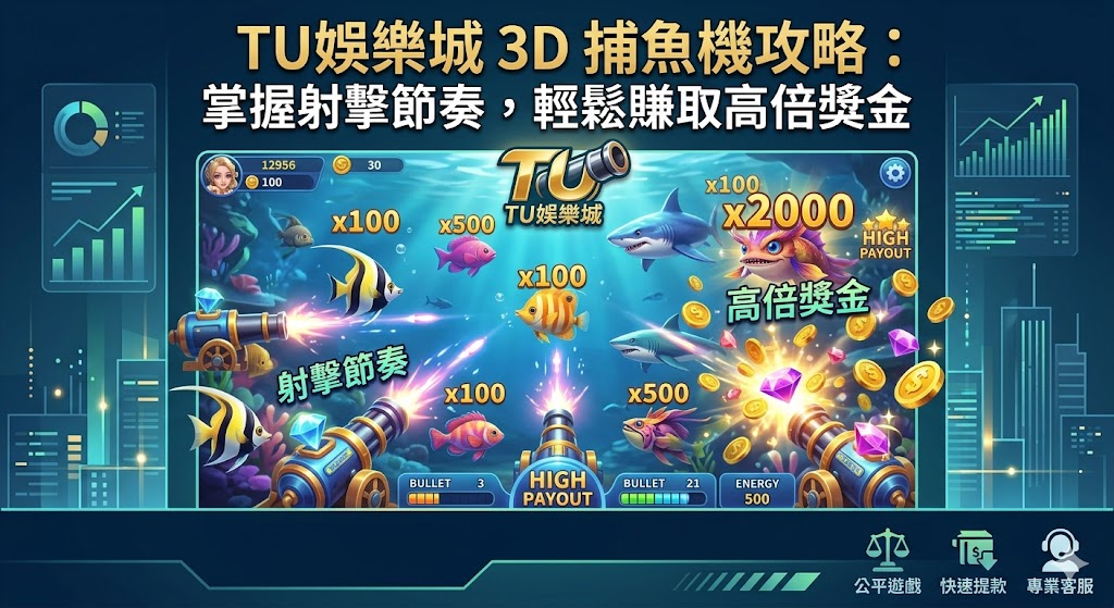 想要在 TU 娛樂城 3D 捕魚機中脫穎而出，掌握「射擊節奏」與「選機策略」是贏錢的關鍵。玩家應觀察魚群移動路徑，優先捕捉游速緩慢且靠近砲台的高倍率目標，並靈活切換砲彈等級以平衡成本與收益。進入「爆機」週期時應果斷加碼，利用追蹤與冰凍技能鎖定BOSS，避免在魚群稀疏時盲目掃射。保持冷靜的心理素質，配合精準的點射與補刀技巧，就能大幅提升觸發全屏爆金的機率，輕鬆將高倍獎金收入囊中，享受極致的狩獵快感。