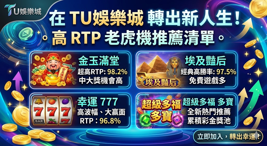 想在 TU 娛樂城提升勝率並開啟精彩新人生嗎？選擇高 RTP（玩家回饋率）的老虎機是聰明玩家的首選策略！本清單為您精選多款回饋率傲視業界的熱門機台，從經典的福星高照到充滿現代感的冒險主題應有盡有。高 RTP 意味著在長期投注中，玩家能獲得更高比例的資金回饋，有效降低風險並增加中獎機會。無論您偏好低波動性的穩定小贏，還是追求高回饋帶來的翻倍驚喜，這份名單都能滿足您的需求。現在就參考專業推薦清單，在 TU 娛樂城挑選最適合您的致富機台，享受每一次旋轉帶來的刺激與豐厚回報，轉出屬於您的幸運人生！